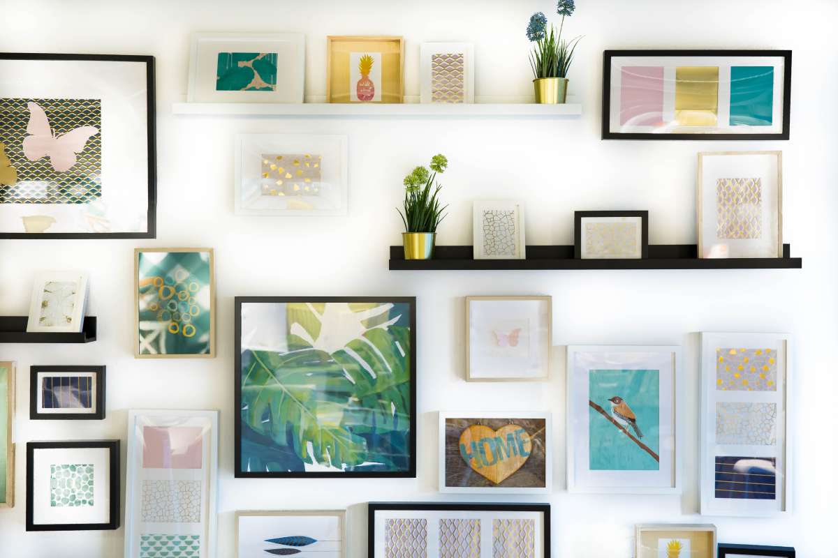 Colorful frames and shelves on the wall